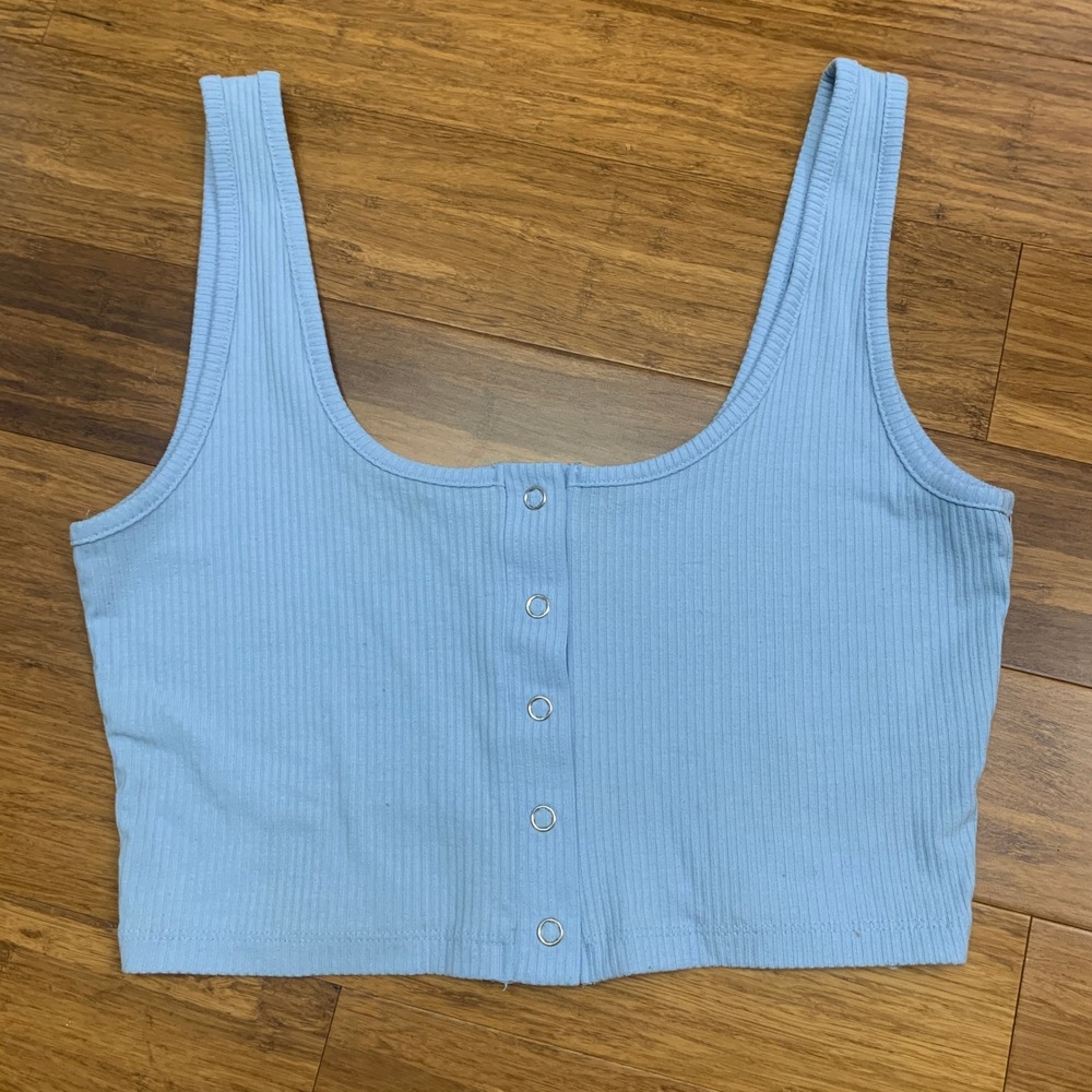 ME to WE Ribbed Tank Top Womens Size Medium Button Front Crop Top Casual Blue